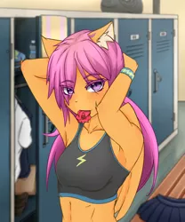 Size: 2500x3000 | Tagged: anthro, arm band, arm behind head, armpits, artist:shimmi, breasts, clothes, delicious flat chest, derpibooru import, ear fluff, eye clipping through hair, female, locker room, looking at you, mouth hold, older, pegasus, scootaflat, scootaloo, scrunchie, solo, sports bra, suggestive