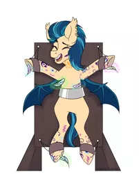 Size: 3596x4474 | Tagged: suggestive, alternate version, artist:hellishprogrammer, derpibooru import, indigo zap, ponified, bat pony, pony, background removed, bat ponified, bondage, bondage furniture, ear piercing, earring, equestria girls ponified, erotic tickling, eyebrow piercing, eyes closed, fangs, feather, featureless crotch, female, femsub, fetish, front hoof tickling, hoof fetish, hoof tickling, indigobat, jewelry, laughing, levitation, magic, mare, open mouth, piercing, race swap, simple background, solo, solo female, submissive, table, tattoo, telekinesis, tickle fetish, tickle torture, tickling, underhoof, white background