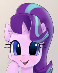 Size: 2828x3572 | Tagged: safe, alternate version, artist:xbi, derpibooru import, starlight glimmer, pony, unicorn, bust, close-up, cute, female, glimmerbetes, gradient background, happy, looking at you, mare, open mouth, raised hoof, smiling, solo, touching face