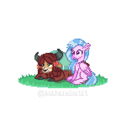 Size: 600x600 | Tagged: animated, artist:seahandlerart, bow, butterfly, butterfly on nose, classical hippogriff, cloven hooves, cute, derpibooru import, diastreamies, duo, female, grass, hair bow, hippogriff, insect on nose, monkey swings, pixel art, safe, silverstream, simple background, sprite, white background, yak, yona, yonadorable