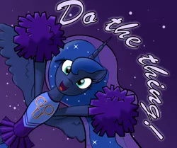 Size: 3000x2503 | Tagged: safe, artist:trash anon, derpibooru import, princess luna, alicorn, pony, alternate costumes, bipedal, cheering, cheerleader, clothes, cute, do the thing, exclamation point, happy, hoof hold, looking at you, lunabetes, misleading thumbnail, motivational, night, open mouth, pleated skirt, pom pom, positive ponies, skirt, sky, smiling, solo, spread wings, stars, talking to viewer, text, wholesome, wide eyes, wings