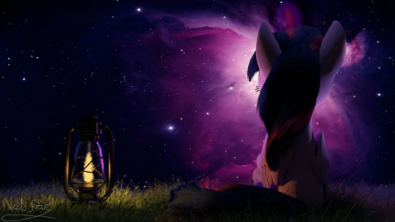 Size: 1920x1080 | Tagged: safe, artist:nebulafactory, derpibooru import, twilight sparkle, twilight sparkle (alicorn), alicorn, pony, 3d, blender, facing away, grass, lantern, nebula, night, solo, stars