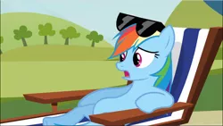 Size: 1670x941 | Tagged: safe, derpibooru import, screencap, rainbow dash, pegasus, pony, too many pinkie pies, beach chair, belly, chubby, female, lying down, mare, open mouth, reclining, solo, sunglasses