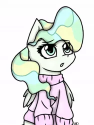 Size: 510x680 | Tagged: dead source, safe, artist:_pastelpony_, derpibooru import, vapor trail, pegasus, pony, clothes, cute, eye clipping through hair, female, mare, simple background, solo, sweater, vaporbetes, white background