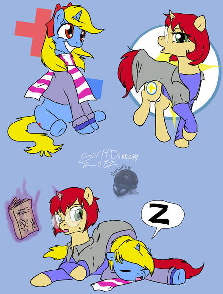 Size: 778x1028 | Tagged: safe, artist:takina-rainbow, derpibooru import, oc, oc:mayfield, oc:northstar, pony, unicorn, book, cat hat, clothes, cutie mark, female, glasses, horn, lab coat, pony oc, scarf, sleeping, unicorn oc