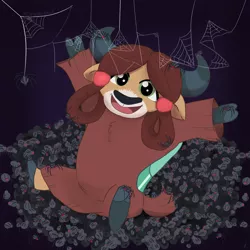 Size: 1280x1280 | Tagged: artist:mewinabubble, bow, cloven hooves, cute, derpibooru import, female, friends, hair bow, monkey swings, open mouth, safe, sitting, spider, spider web, what lies beneath, yak, yona, yonadorable