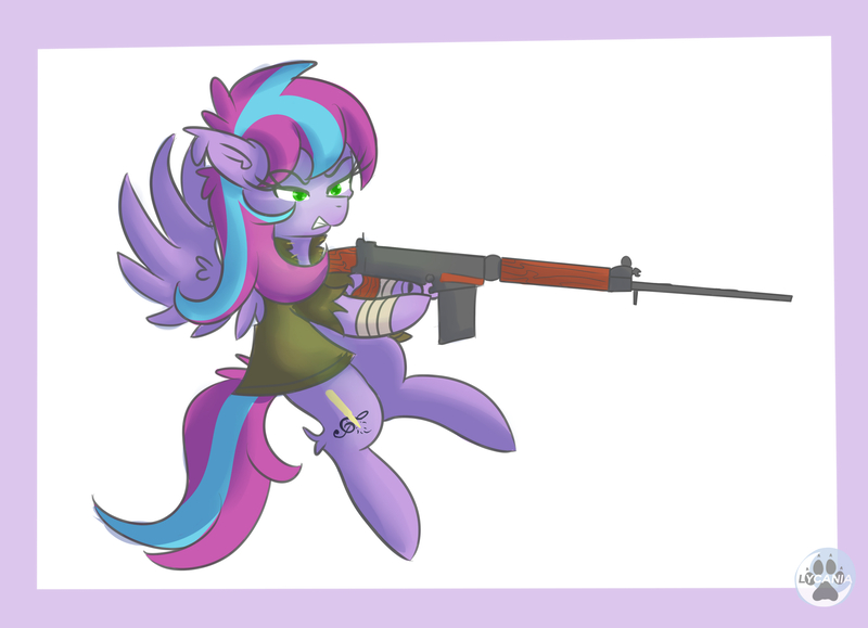 Size: 3500x2532 | Tagged: safe, artist:lycania29, derpibooru import, oc, pegasus, pony, fallout equestria, clothes, fallout, fallout 4, female, fn fal, gun, request, simple background, solo, weapon