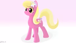 Size: 3840x2160 | Tagged: safe, artist:startledflowerpony, derpibooru import, lily, lily valley, earth pony, pony, bow, cute, female, flower, flower in hair, gradient background, lilybetes, mare, solo, tail bow