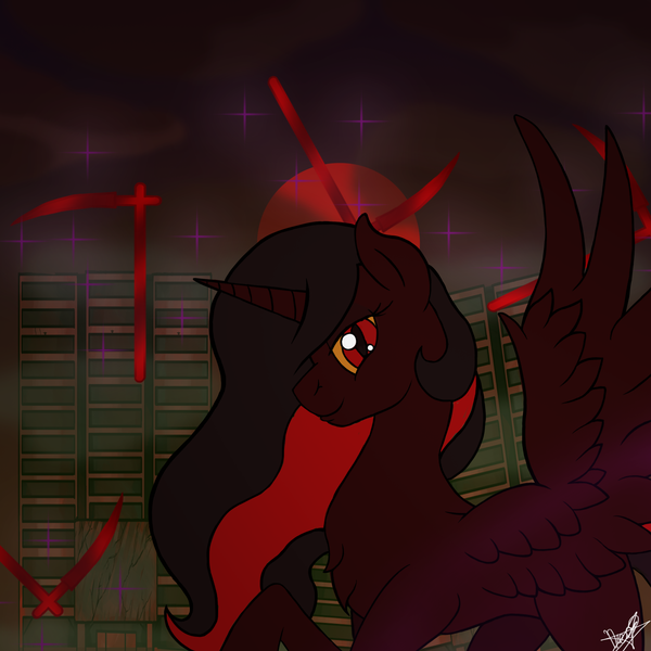 Size: 2000x2000 | Tagged: safe, artist:devorierdeos, derpibooru import, oc, oc:blood moon, unofficial characters only, alicorn, pony, fallout equestria, fanfic, game: fallout equestria: remains, alicorn oc, artificial alicorn, boss, fanfic art, female, hooves, horn, magical scythe, mare, scythe, solo, spread wings, wings, yellow sclera