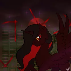 Size: 2000x2000 | Tagged: safe, artist:devorierdeos, derpibooru import, oc, oc:blood moon, unofficial characters only, alicorn, pony, fallout equestria, fanfic, game: fallout equestria: remains, alicorn oc, artificial alicorn, boss, fanfic art, female, hooves, horn, magical scythe, mare, scythe, solo, spread wings, wings, yellow sclera
