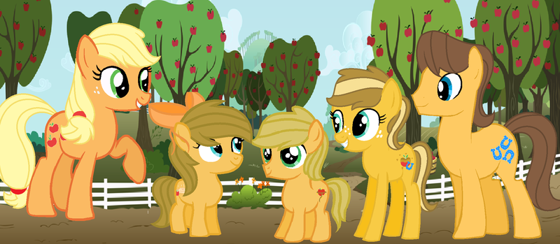 Size: 1992x868 | Tagged: safe, artist:boringbases, artist:lottbases, artist:lyra25, artist:meimisuki, artist:nako-darkyo, artist:velvetsparkleyt, derpibooru import, edit, applejack, caramel, oc, oc:apple pie, oc:apple rode, oc:caramel apple, earth pony, pony, apple, apple tree, base used, bow, carajack, colt, family, female, filly, fraternal twins, hair bow, male, offspring, parent:applejack, parent:caramel, parents:carajack, shipping, straight, tree