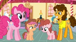 Size: 1537x841 | Tagged: safe, artist:lillyrosefantage, artist:riotive, artist:selenaede, artist:velvetsparkleyt, derpibooru import, edit, cheese sandwich, pinkie pie, oc, oc:cheese pie, oc:party pie, earth pony, pony, base used, cheesepie, family, female, filly, heterochromia, male, offspring, parent:cheese sandwich, parent:pinkie pie, parents:cheesepie, shipping, straight