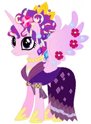 Size: 336x454 | Tagged: safe, artist:selenaede, artist:unicornsmile, derpibooru import, edit, princess cadance, pony, alternate hairstyle, base used, ceremonial headdress, clothes, crown, dress, flower, jewelry, necklace, regalia, simple background, solo, spread wings, white background, wings