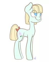 Size: 2000x2500 | Tagged: safe, artist:katyusha, derpibooru import, oc, oc:zambie, earth pony, pony, alive, blonde hair, blue eyes, bow, cute, short hair, short mane, short tail, tail bow