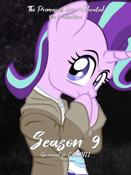 Size: 3240x4320 | Tagged: safe, artist:aaronmk, derpibooru import, starlight glimmer, pony, semi-anthro, unicorn, season 9, spoiler:s09, bipedal, clothes, female, hoodie, hoof over mouth, hooves together, looking at you, mare, parody, poster, smiling, solo, text