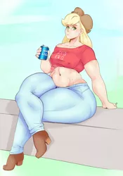 Size: 1952x2781 | Tagged: abs, alcohol, applebucking thighs, applejack, artist:sundown, beer, belly button, boots, breasts, bud light, cigarette, clothes, cowboy boots, derpibooru import, erect nipples, female, human, humanized, impossibly wide hips, jacqueline applebuck, looking at you, midriff, nipple outline, pants, shirt, shoes, smoking, solo, solo female, suggestive, sweat, thick, thighs, thunder thighs, wide hips