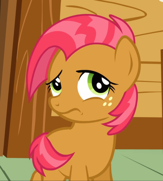 Size: 846x938 | Tagged: safe, derpibooru import, screencap, babs seed, pony, one bad apple, covering, cropped, female, filly, freckles, frown, raised eyebrow, shy, solo, tail covering, timid, wavy mouth