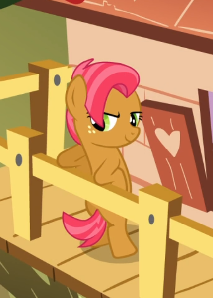 Size: 447x625 | Tagged: safe, derpibooru import, screencap, babs seed, pony, one bad apple, bipedal, bipedal leaning, clubhouse, cool, cropped, crusaders clubhouse, leaning, leaning back, smiling, smirk, solo