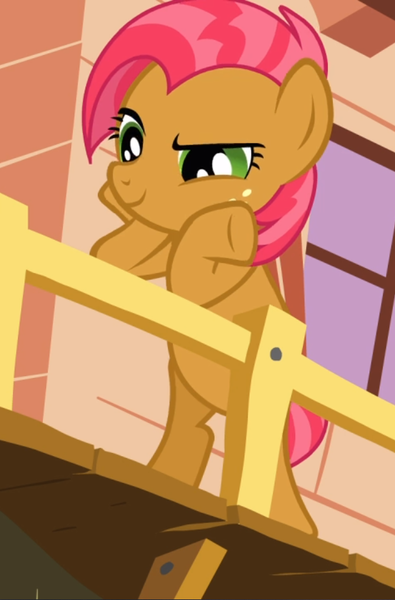 Size: 617x938 | Tagged: safe, derpibooru import, screencap, babs seed, pony, one bad apple, balcony, bipedal, bipedal leaning, clubhouse, cropped, crusaders clubhouse, female, filly, freckles, hooves on cheeks, leaning, raised eyebrow, smiling, smirk, solo