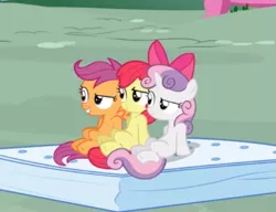 Size: 539x414 | Tagged: safe, derpibooru import, screencap, apple bloom, scootaloo, sweetie belle, earth pony, pegasus, pony, unicorn, one bad apple, bow, cropped, cutie mark crusaders, female, filly, hair bow, mattress, raised eyebrow, revenge, sitting, smiling, smirk, trio