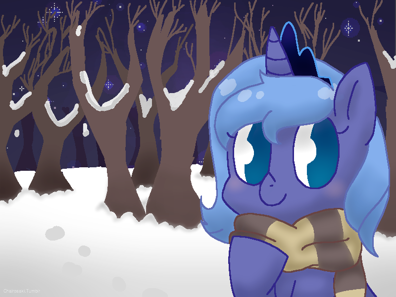 Size: 800x600 | Tagged: safe, artist:otakunekojosei, derpibooru import, princess luna, pony, bust, clothes, crown, cute, female, filly, jewelry, lunabetes, night, no pupils, portrait, regalia, scarf, snow, solo, stars, tree, winter, woona, younger