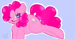 Size: 1280x658 | Tagged: safe, artist:furrytaleworld, derpibooru import, pinkie pie, pony, blue background, chest fluff, cute, diapinkes, ear fluff, eyebrows visible through hair, heart, heart eyes, leg fluff, one eye closed, open mouth, simple background, solo, wingding eyes, wink