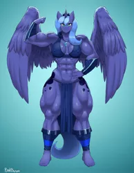 Size: 2800x3600 | Tagged: abs, alicorn, anthro, armpits, artist:plankboy, barefoot, bracelet, breasts, busty princess luna, commission, derpibooru import, erect nipples, feet, female, flexing, jewelry, looking at you, muscles, muscular female, necklace, nipple outline, overdeveloped muscles, plantigrade anthro, princess luna, princess muscle moona, smiling, solo, solo female, suggestive