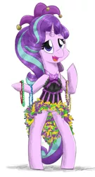 Size: 900x1665 | Tagged: safe, artist:flutterthrash, derpibooru import, starlight glimmer, pony, unicorn, beads, bipedal, clothes, dress, female, hat, mardi gras, mare, simple background, smiling, solo