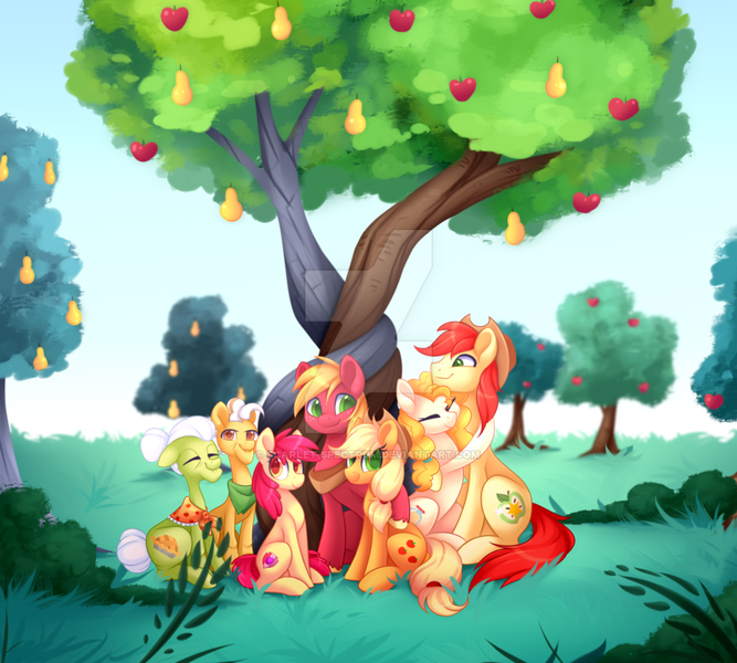 Size: 900x810 | Tagged: safe, artist:scarlet-spectrum, derpibooru import, apple bloom, applejack, big macintosh, bright mac, granny smith, pear butter, pony, the perfect pear, alternate scenario, apple, apple family, apple siblings, apple sisters, apple tree, brother and sister, deviantart watermark, family, father and child, father and daughter, father and son, father and son-in-law, female, grandfather and grandchild, grandfather and granddaughter, grandfather and grandson, grandmother and grandchild, grandmother and granddaughter, grandmother and grandson, husband and wife, intertwined trees, male, mare, mother and child, mother and daughter, mother and daughter-in-law, mother and son, obtrusive watermark, pear tree, siblings, sisters, smiling, the whole apple family, tree, watermark