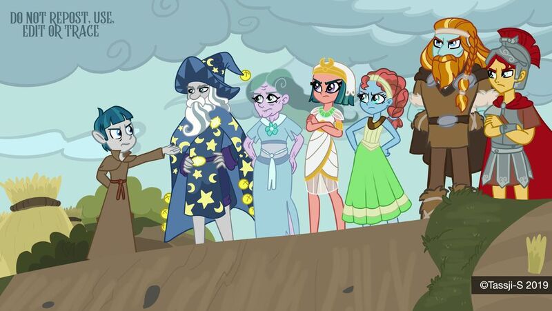 Size: 1024x577 | Tagged: safe, artist:tassji-s, derpibooru import, flash magnus, meadowbrook, mistmane, rockhoof, somnambula, star swirl the bearded, stygian, equestria girls, shadow play, armor, armor skirt, clothes, crossed arms, dress, equestria girls interpretation, equestria girls-ified, pillars of equestria, scene interpretation, skirt, watermark