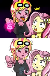 Size: 800x1200 | Tagged: safe, artist:discordloveevil, derpibooru import, fluttershy, oc, oc:evil, equestria girls, armpits, comic, shocked, stare, tongue out