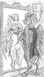 Size: 619x1080 | Tagged: anthro, cloak, clothes, derpibooru import, emblem, fanfic art, mirror, monochrome, oc, oc:hellfire, pegasus, reflection, safe, semi-anthro, shield, traditional art