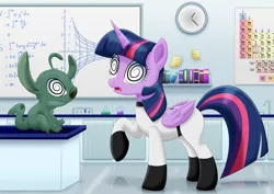 Size: 2031x1440 | Tagged: safe, artist:lifesharbinger, derpibooru import, twilight sparkle, twilight sparkle (alicorn), alicorn, pony, clock, clothes, crossover, disney, experiment, experiment 383, hypnosis, lab coat, laboratory, lilo and stitch, open mouth, periodic table, raised hoof, swirly eyes