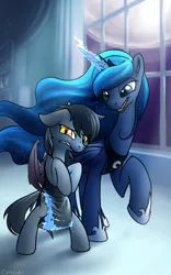 Size: 1200x1928 | Tagged: safe, artist:conicer, derpibooru import, princess luna, oc, oc:lethe, bat pony, pony, clothes, dress, duo, jewelry, moon, night, night guard, regalia