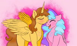 Size: 1794x1080 | Tagged: safe, artist:bellbell123, derpibooru import, oc, oc:aspen, oc:bella pinksavage, alicorn, pony, alicorn oc, cute, digital art, female, forehead kiss, hippie, horn, jewelry, kissing, necklace, peace symbol, siblings, sisterly love, sisters, wings