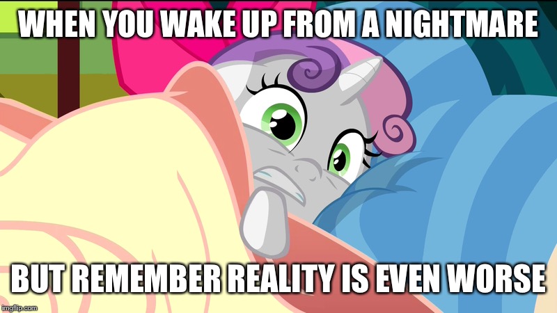 Size: 800x450 | Tagged: safe, derpibooru import, edit, edited screencap, screencap, sweetie belle, pony, somepony to watch over me, bed, blanket, caption, image macro, meme, scared, solo, sweetie belle's nightmare, text