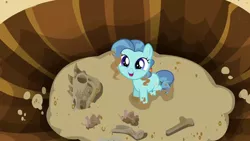 Size: 1024x576 | Tagged: safe, derpibooru import, screencap, petunia paleo, dinosaur, pony, the fault in our cutie marks, bone, cute, dirty, discovery, earth, excited, female, filly, hole, looking up, paleontology, solo, spiny back ponysaurus