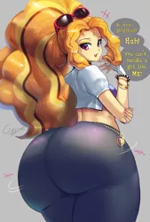 Size: 685x1013 | Tagged: suggestive, artist:chigusa, derpibooru import, adagio dazzle, human, equestria girls, rainbow rocks, adagio dat-azzle, anime, ass, bootylicious, bracelet, breasts, butt, clothes, dialogue, extra thicc, eyeshadow, female, fingerless gloves, girlfriend, gloves, hips, huge butt, i can't believe it's not sundown, impossibly large butt, insult, jewelry, large butt, looking at you, looking back, looking back at you, makeup, midriff, nail polish, pants, plump, simple background, smug, solo, solo female, speech bubble, spiked wristband, stupid sexy adagio dazzle, sunglasses, the ass was fat, thick, thighs, thunder thighs, wide hips, wiggle, wristband, yoga pants