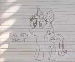 Size: 432x359 | Tagged: safe, artist:nightshadowmlp, derpibooru import, oc, oc:rainlight shine, unofficial characters only, unicorn, female, filly, lined paper, magical lesbian spawn, movie accurate, offspring, parent:rainbow dash, parent:twilight sparkle, parents:twidash, smiling, text, traditional art