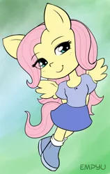 Size: 630x1000 | Tagged: anthro, artist:empyu, chibi, clothes, cute, derpibooru import, female, fluttershy, plantigrade anthro, safe, shirt, shoes, shyabetes, skirt, socks, solo