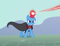 Size: 827x627 | Tagged: safe, derpibooru import, screencap, trixie, pony, magic duel, alicorn amulet, blast, cloak, clothes, cropped, evil grin, glowing horn, grin, horn, magic, magic blast, smiling, solo