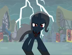 Size: 1220x939 | Tagged: safe, derpibooru import, screencap, trixie, pony, magic duel, alicorn amulet, cropped, epic, fighting stance, lightning, solo, storm