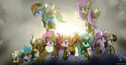 Size: 2100x1080 | Tagged: safe, artist:zidanemina, derpibooru import, applejack, bon bon, fluttershy, lyra heartstrings, octavia melody, pinkie pie, rainbow dash, sweetie drops, twilight sparkle, vinyl scratch, oc, oc:equalis, earth pony, pegasus, pony, unicorn, vampire, armor, cloud, cloudy, crossover, fangs, female, flying, gold armor, gold saint, group, group photo, hooves, horn, mare, open mouth, saint seiya, smiling, wings