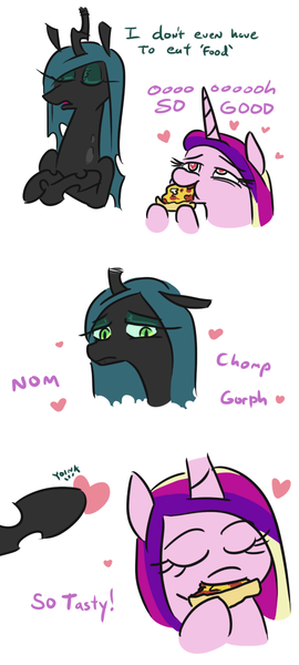 Size: 540x1200 | Tagged: safe, artist:jargon scott, derpibooru import, princess cadance, queen chrysalis, alicorn, changeling, changeling queen, bait and switch, changeling feeding, comic, crossed arms, crossed hooves, dialogue, duo, eyes closed, female, food, gorph, heart, heart eyes, hoof hold, mare, meat, mushroom, onomatopoeia, peetzer, pepperoni, pepperoni pizza, pizza, ponies eating meat, simple background, teasing, that pony sure does love pizza, white background, wingding eyes, yoink