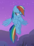 Size: 473x647 | Tagged: safe, derpibooru import, screencap, rainbow dash, pegasus, pony, sleepless in ponyville, cropped, embarrassed, female, flying, looking down, mare, night, sheepish grin, smiling, solo, spread wings, stars, wings