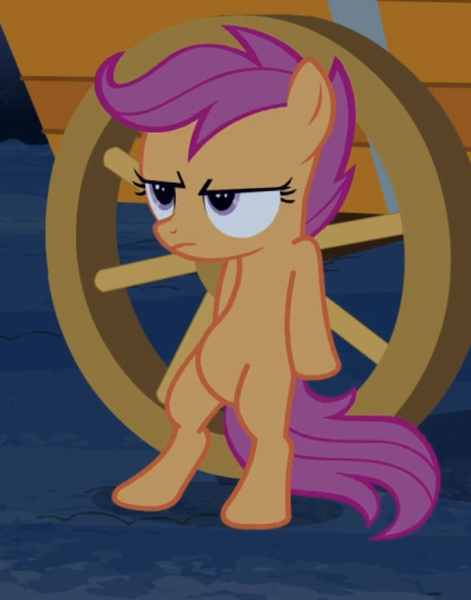 Size: 565x719 | Tagged: safe, derpibooru import, screencap, scootaloo, pegasus, pony, sleepless in ponyville, bipedal, bipedal leaning, cropped, female, filly, leaning, leaning back, scootaloo is not amused, solo, unamused, wagon, wagon wheel, wheel