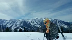 Size: 4096x2304 | Tagged: safe, derpibooru import, applejack, pony, backpack, irl, mountain, photo, plushie, sign, snow, snowboard