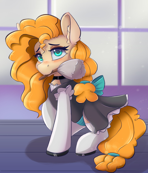 Size: 2400x2800 | Tagged: safe, artist:ardail, derpibooru import, pear butter, earth pony, pony, bowtie, clothes, commission, cute, duster, ear fluff, female, high res, looking at you, maid, maid headdress, mare, mouth hold, socks, solo, stockings, thigh highs