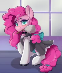 Size: 2400x2800 | Tagged: safe, alternate version, artist:ardail, derpibooru import, pinkie pie, earth pony, pony, bowtie, clothes, commission, cute, dress, duster, ear fluff, female, high res, looking at you, maid, maid headdress, mare, mouth hold, solo, wrong eye color