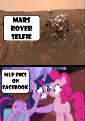 Size: 1601x2268 | Tagged: safe, derpibooru import, pinkie pie, twilight sparkle, twilight sparkle (alicorn), alicorn, pony, unicorn, drone, facebook, funny, mars, mars rover, meme, needs more jpeg, pixelated, selfie, speech bubble, text, twilighting